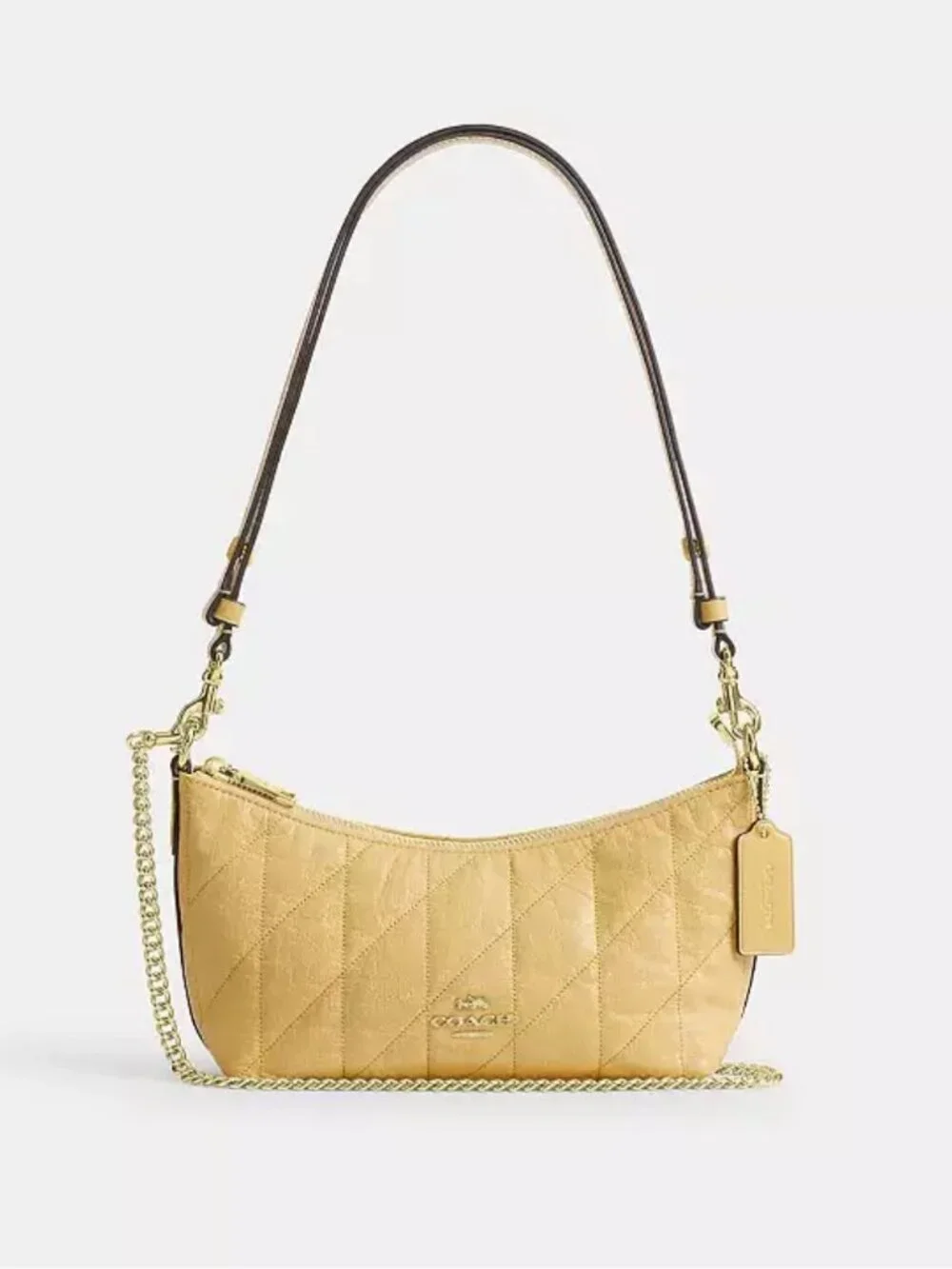 COACH caitlin shoulder bag with quilting. glazed leather. gold/soft yellow.